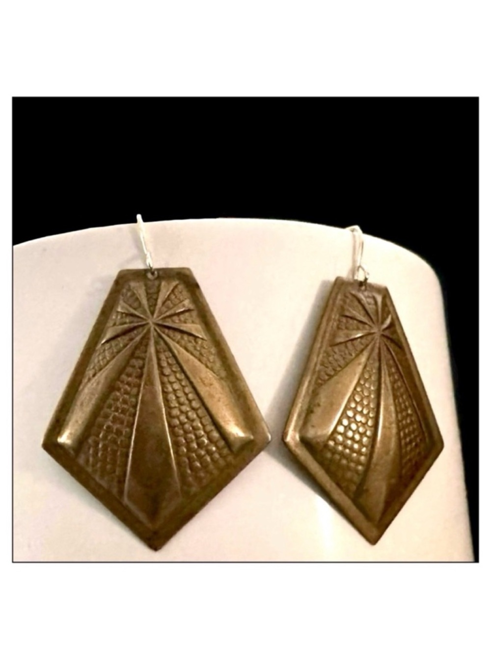 Brass Geo Drop Earrings with Art Deco Pattern Etching
